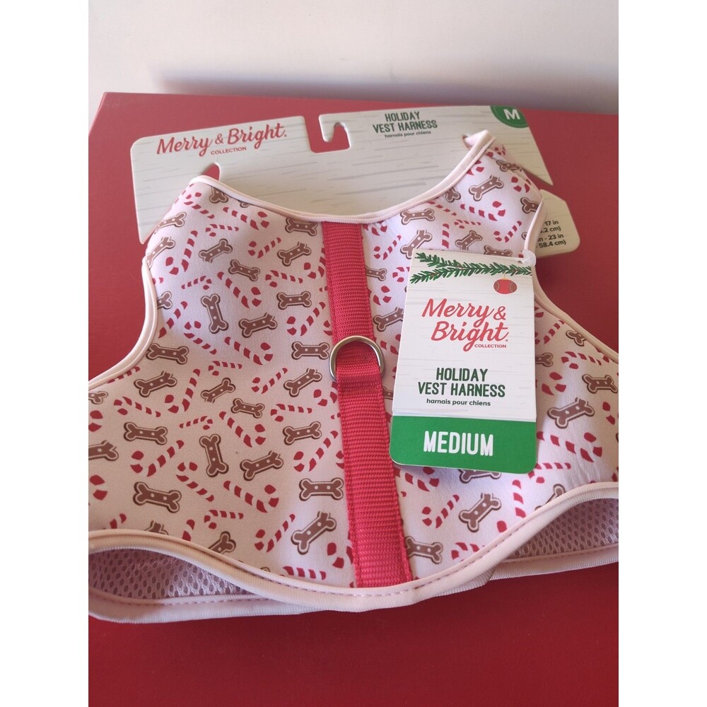 Merry & Bright Medium Dog Vest Harness Christmas Candy Canes Bones Pink Holiday